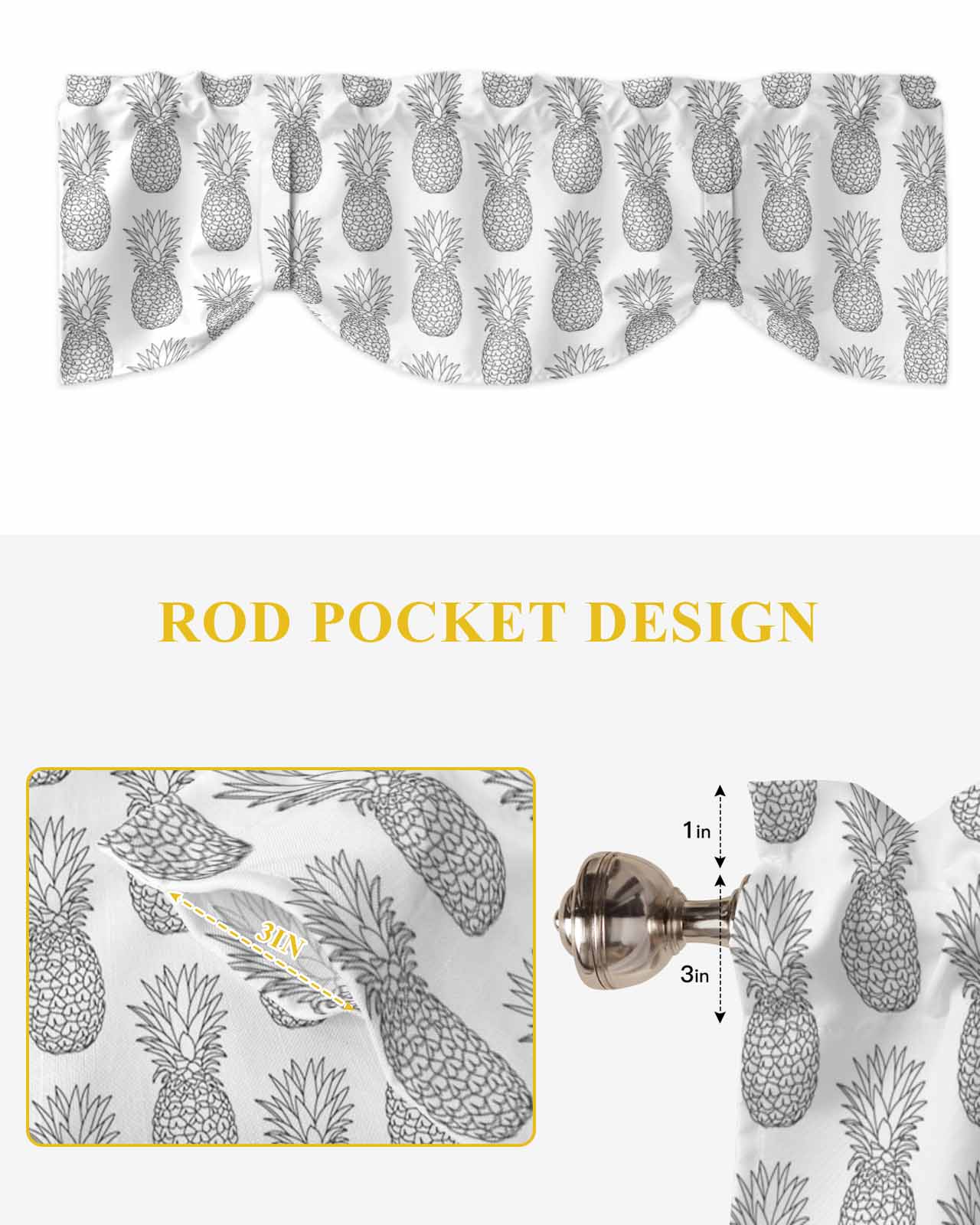 Gray Pineapple Tie Up Valances Curtain, Adjustable Kitchen Simple Cartoon Fruit Valances for Windows Decor, Rod Pocket Short Curtains Set for Bedroom/Bathroom, 60"x18"