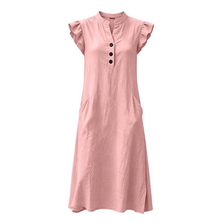 Waguth Cotton Linen Midi Dress for Women Ruffle Cap Sleeve Henley Neck Casual Loose Shift Dresses with Side Pockets, Women's, Size: 2XL