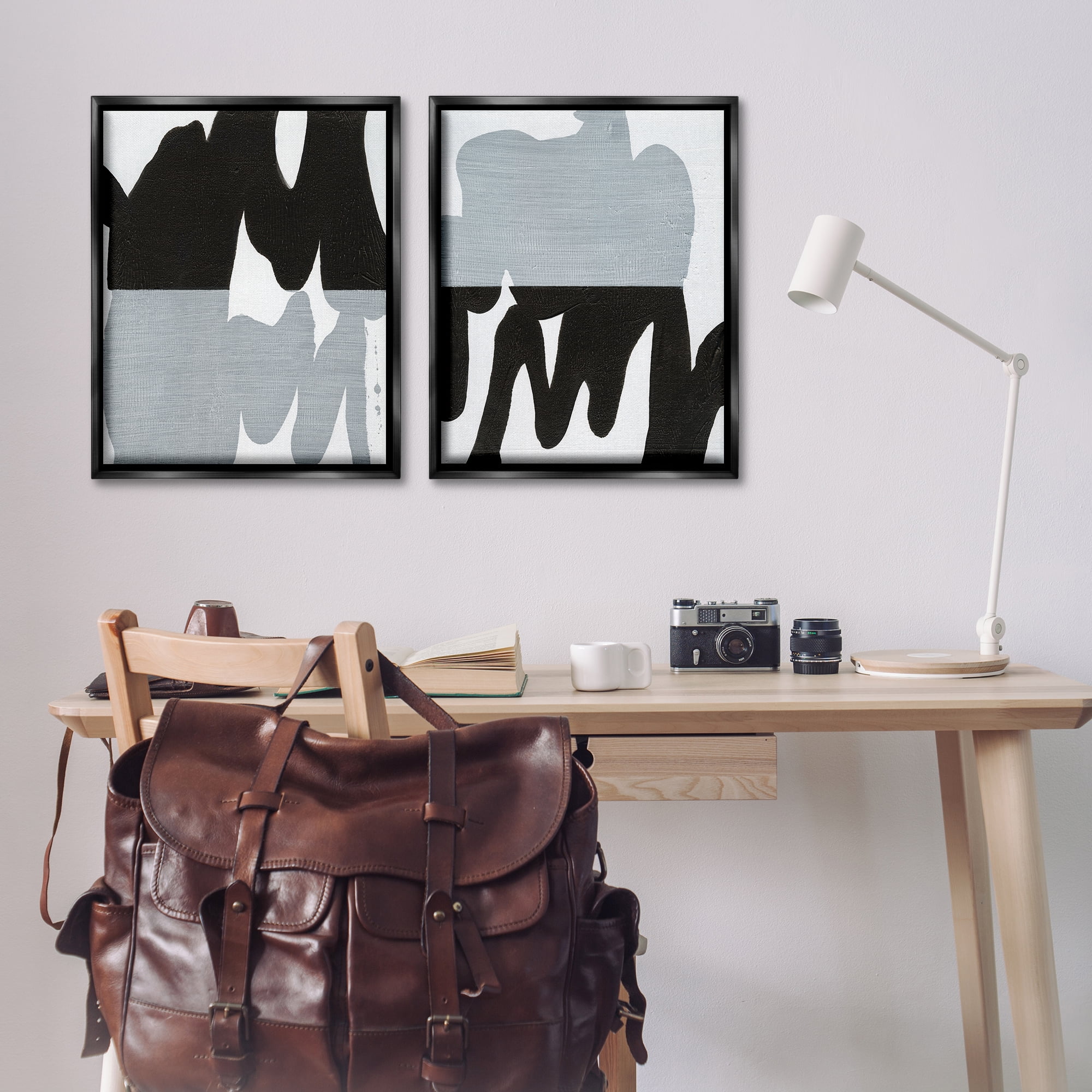 Stupell Industries Veiled Black and White Abstract Abstract Painting Black Floater Framed Canvas Art Print Wall Art, 31 x 25, Set of 2