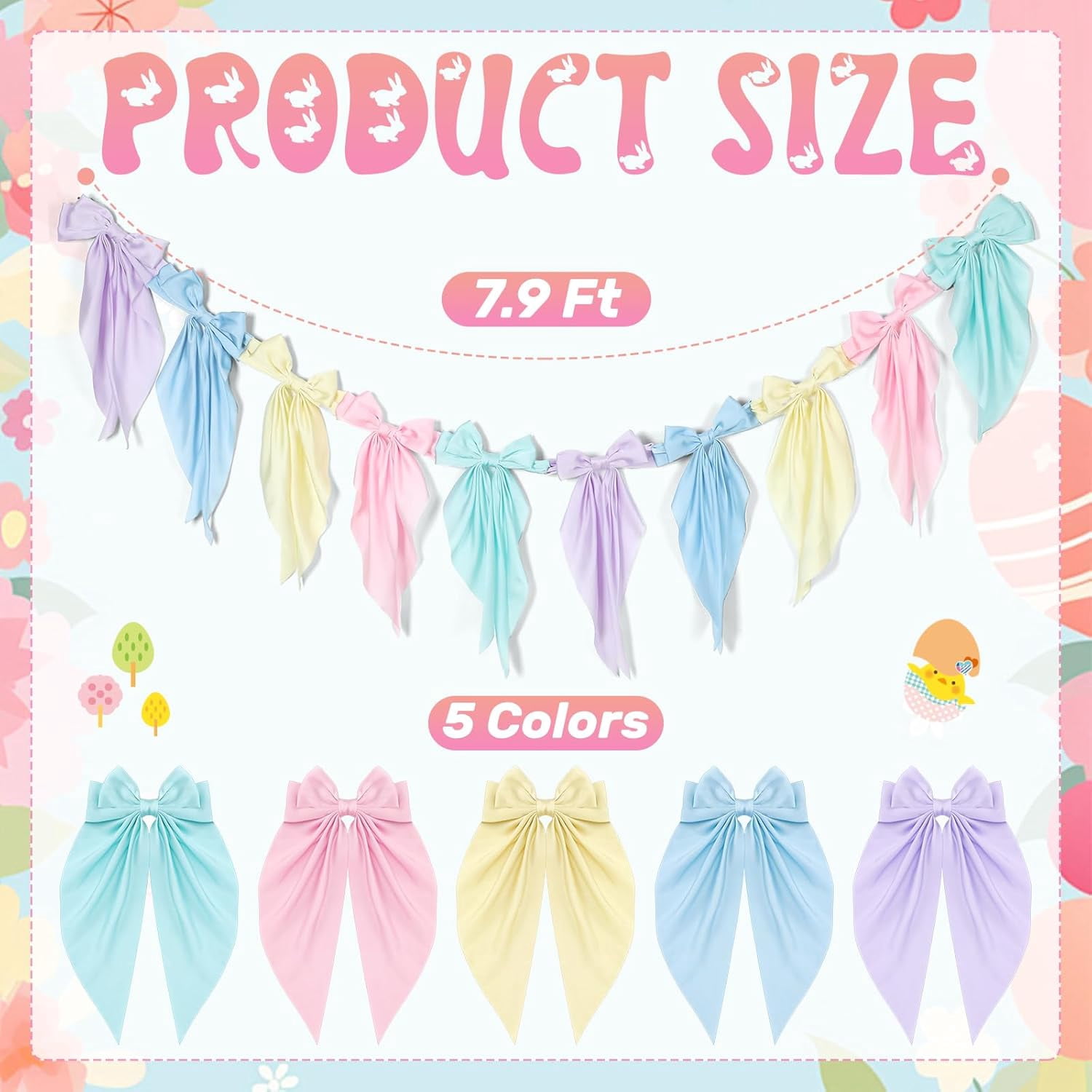 Satmonnus 7.9 FT Easter Pastel Bow Garland Banner - Silk Satin Ribbon Pastel Bow Garland Hanging Party Bow Garland Decoration for Easter Birthday Baby Shower Wedding Party Supplies