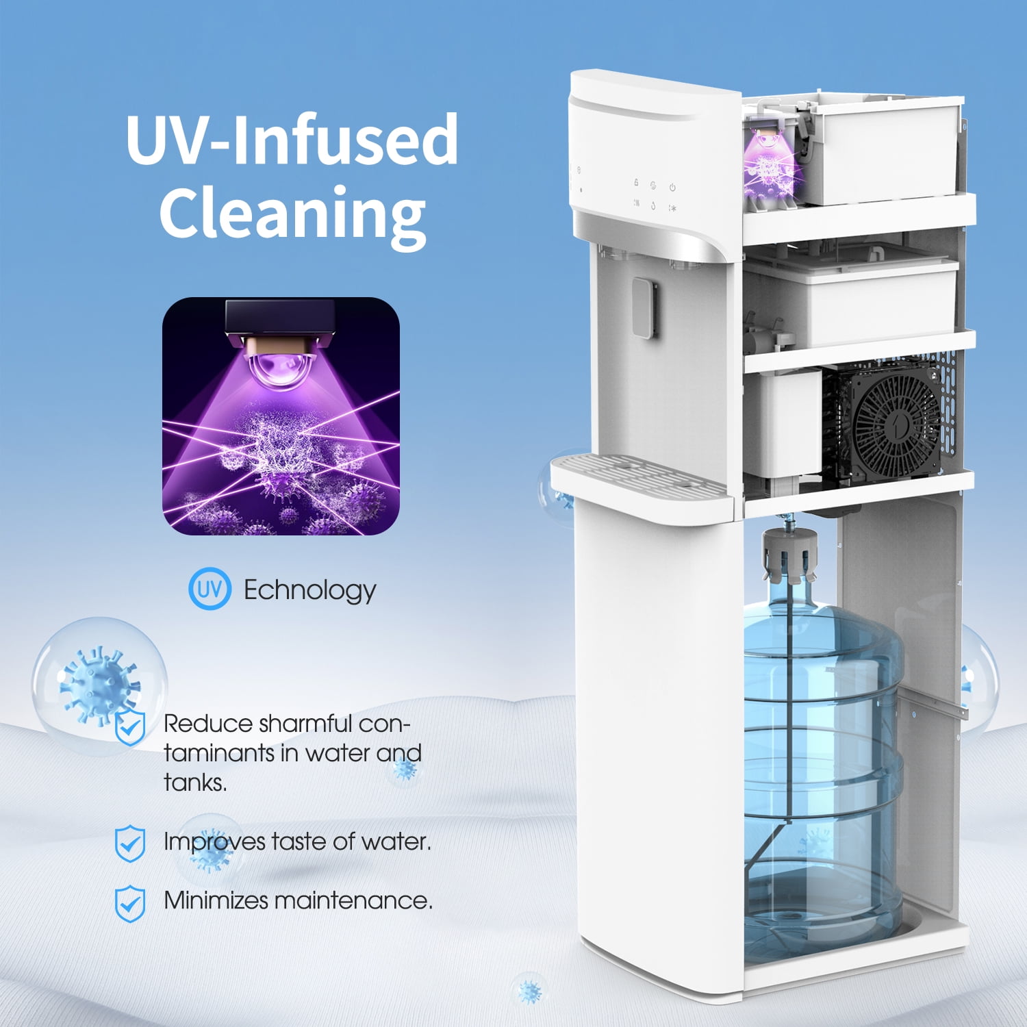 IKT Bottom Loading Water Dispenser Cooler with Maker ,for 5 Gallon Bottle with Empty Bottle Indicator 3 Temperature 22lbs Within 24hrs White