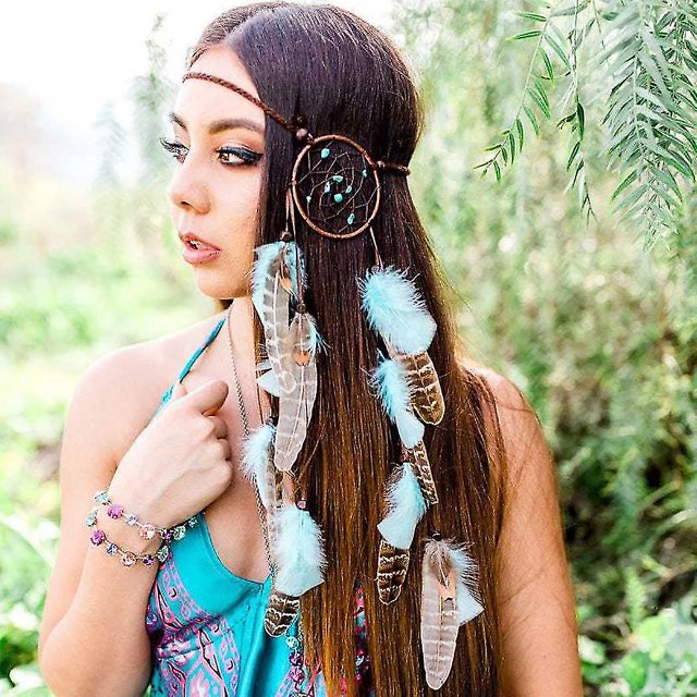 Diadema de plumas, tocado marrón indio turquesa, atrapasueños, cadena para la cabeza Hippie, accesorios de joyas para el cabello para Festival