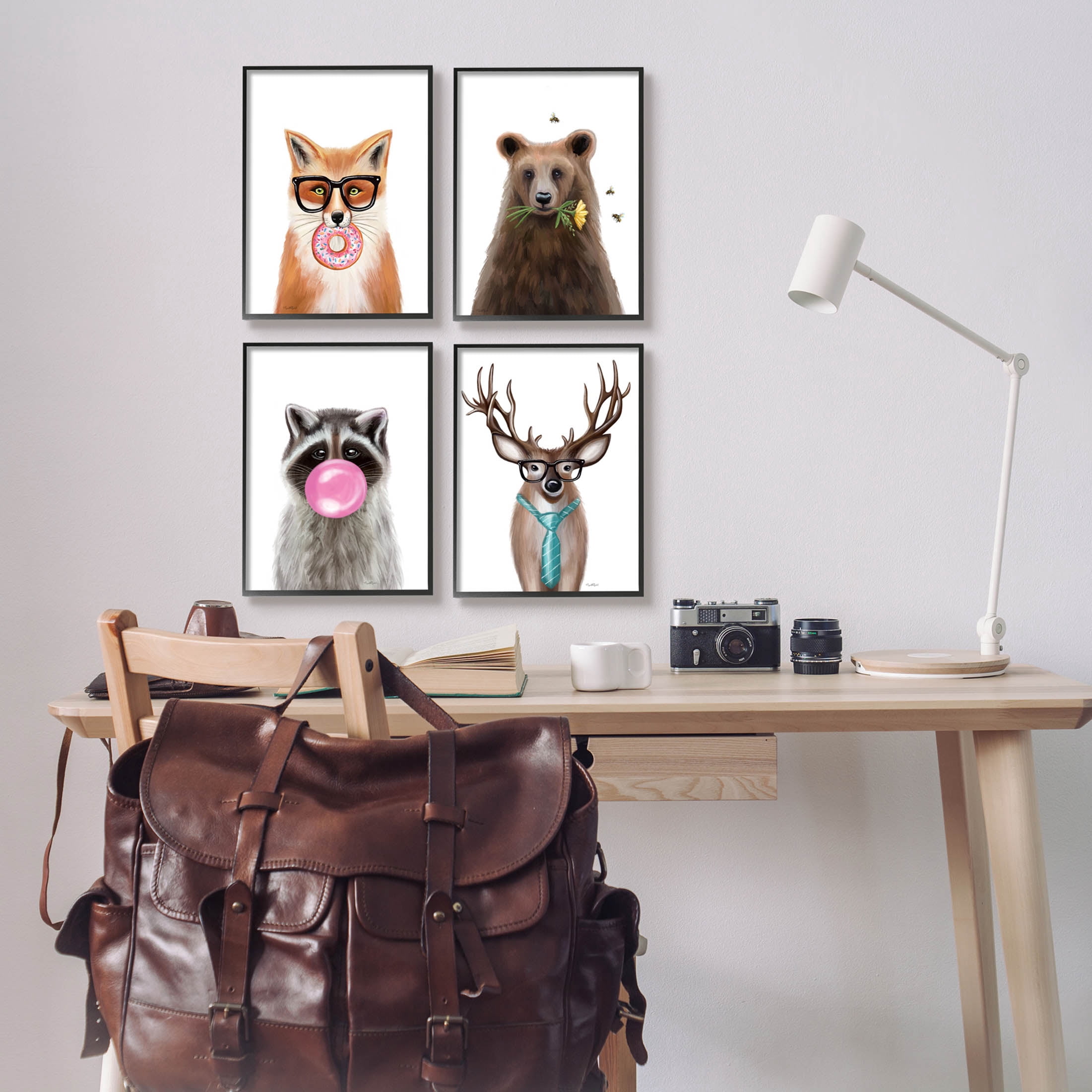 Stupell Industries Quirky Woodland Animal Portraits Graphic Art Black Framed Art Print Wall Art, Set of 4, Design by Elizabeth Tyndall