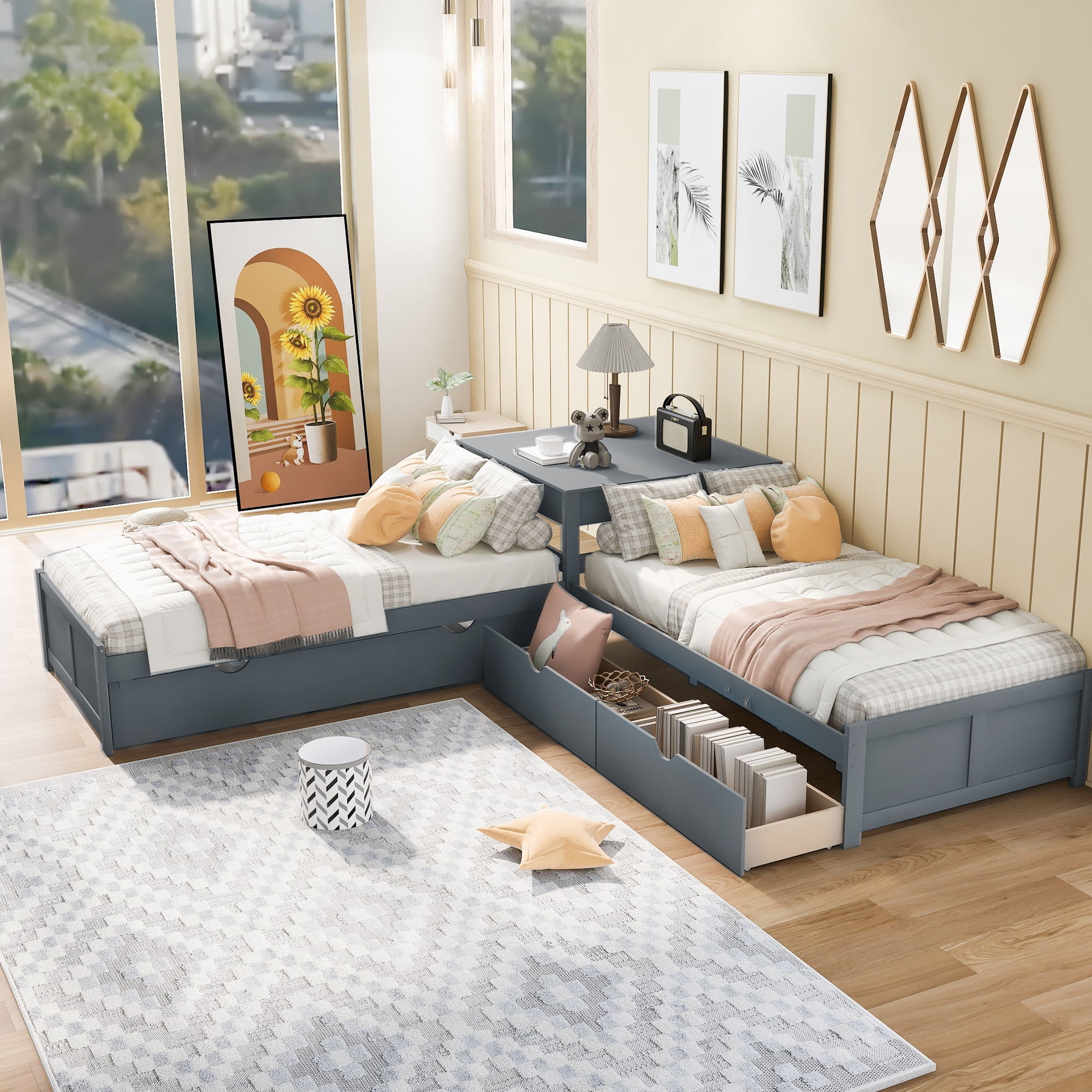 Euroco Pine Wood L-Shaped Twin Platform Bed with Trundle, 3 Beds in One for Bedroom, Trundle Bed with Drawers and Built-in Desk, Gray