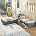 thumbnail image 2 of Euroco Pine Wood L-Shaped Twin Platform Bed with Trundle, 3 Beds in One for Bedroom, Trundle Bed with Drawers and Built-in Desk, Gray, 2 of 13