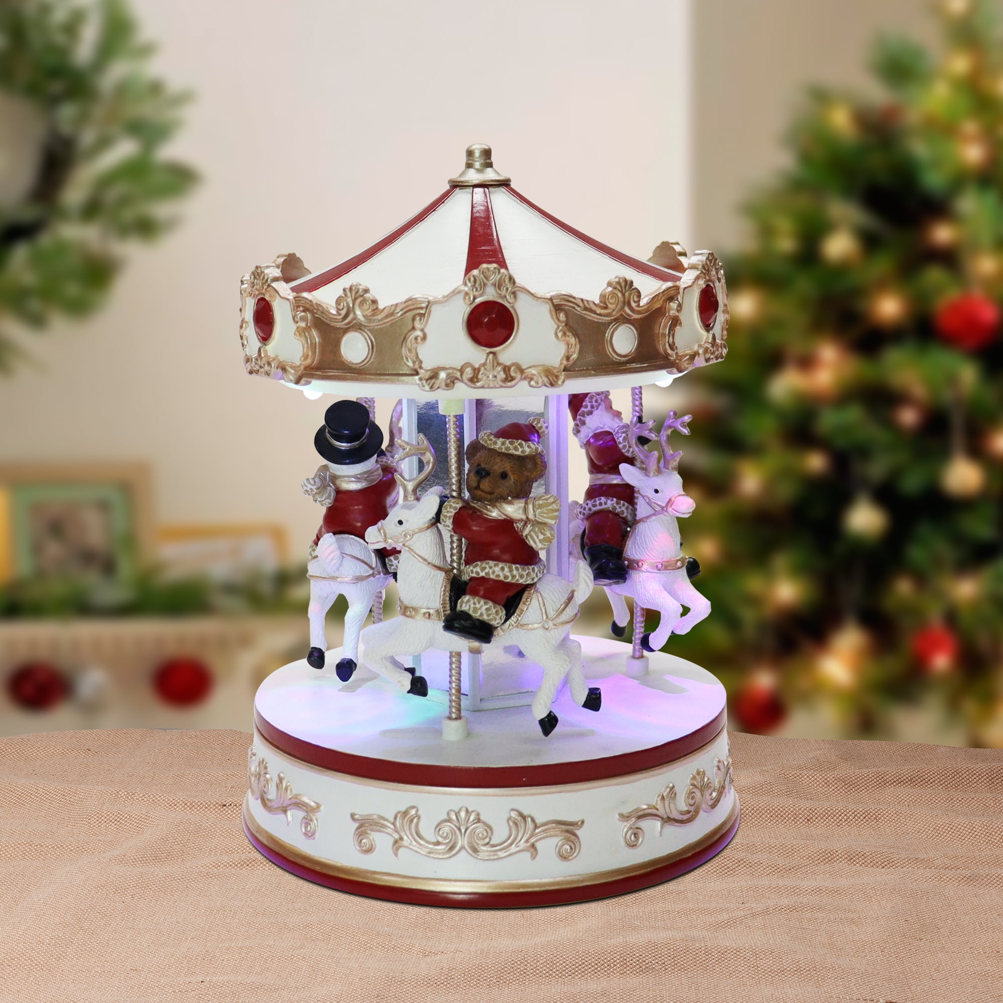 Animated Christmas Village Red and White Themed Musical Carousel