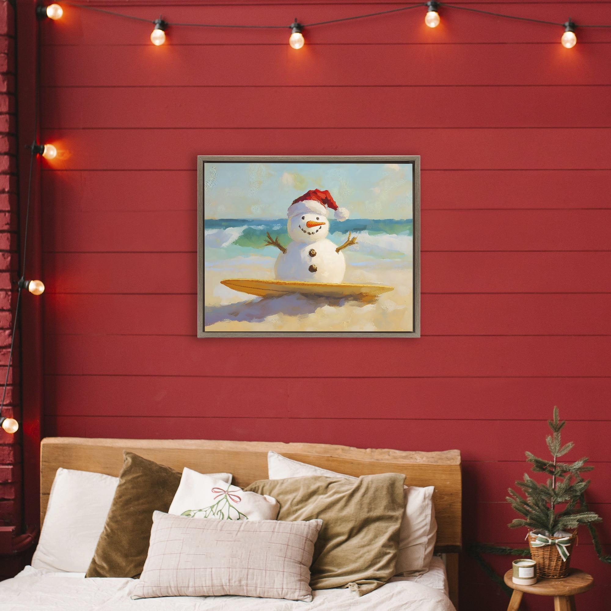 Stupell Industries Surfer Snowman on Beach Brown Framed Floater Canvas Wall Art, design by The Prints Vibe