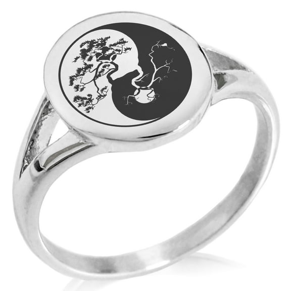 Stainless Steel Bonsai Tree Yin Yang Minimalist Oval Top Polished Statement Signet Ring