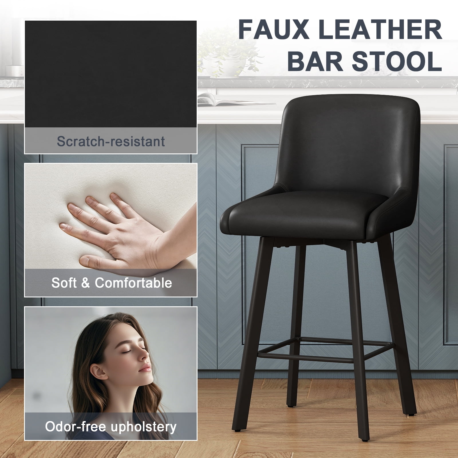 MultiHaven 26.1-Inch Bar Stools Set of 2,Swivel Counter Height Bar Stool with Back & Metal Legs,PU Leather Island Chairs Suitable for Kitchen,Bar,Cafe - Black