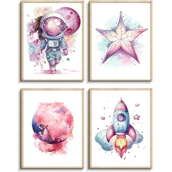 Pink Outer Space Wall Art Prints,Watercolour Star Rocket Astronaut Posters for Nursery Decor Girls Room Decor Kids Bedroom Boys Playroom Classroom Decor,Set Of 4 (8X10inch,Unframed)