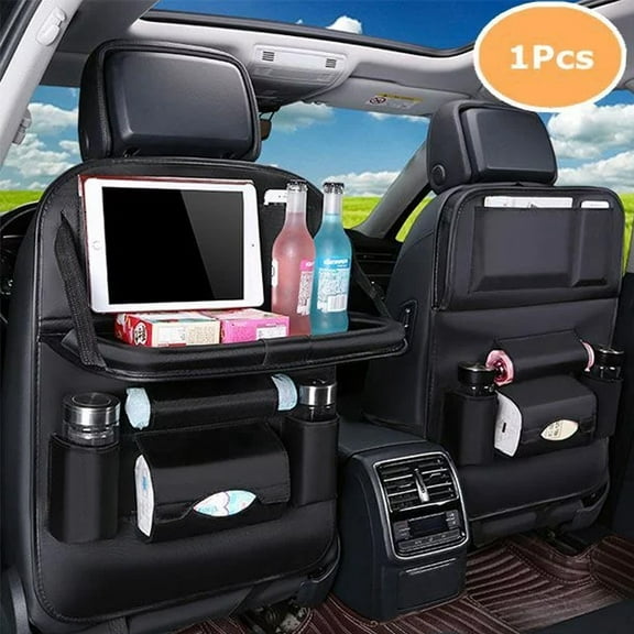 Car Backseat Organizer  with Foldable Table Tray, PU Leather Multi-Pocket Backseat Car Organizer with Tablet Holder Travel Accessories