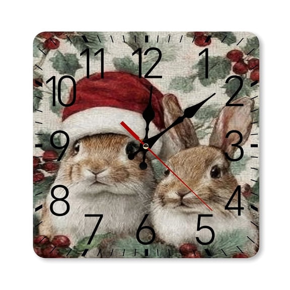 RKSupls 10×10inch Square Silent Wall Clock Wooden Frame, Christmas Rabbits Holly Scale Decorative Clock for Home Bedroom Living Room Office