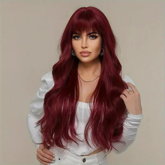 Burgundy natural long curly hair, women's synthetic high temperature silk wig 26 inches, girl's gift