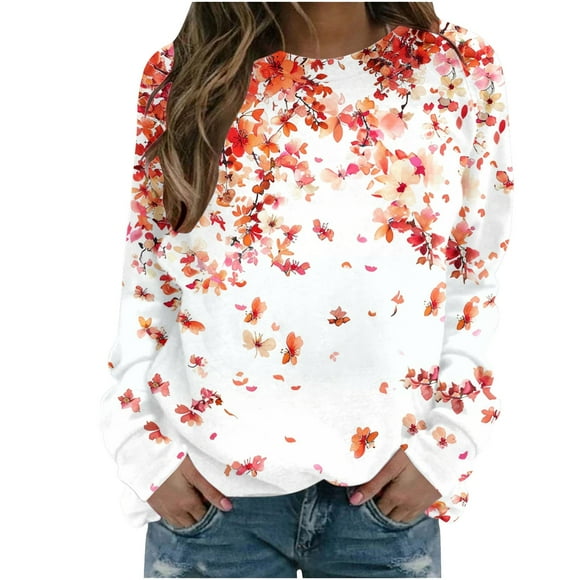 Rbaofujie Sweaters for Women Women's Casual Printed Long Sleeved Round Neck Pullover Hoodie Orange Hoodies for Women