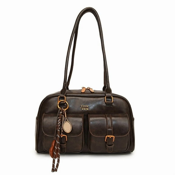 SPEKSEE Women Solid Color Handbag with Pendant Multi Pockets Shoulder Bag PU Leather Vintage Armpit Bag Travel Shopping Date Handbag