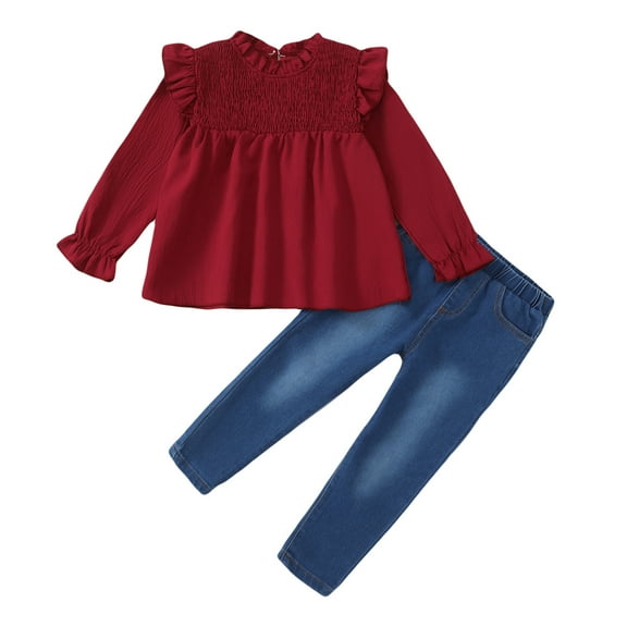 6Y Little Girls Clothes 7Y Girls Denim Pant Set Outfits Set Little Girls Long Sleeve Solid Color Jeans Pants 2PCS Set Red