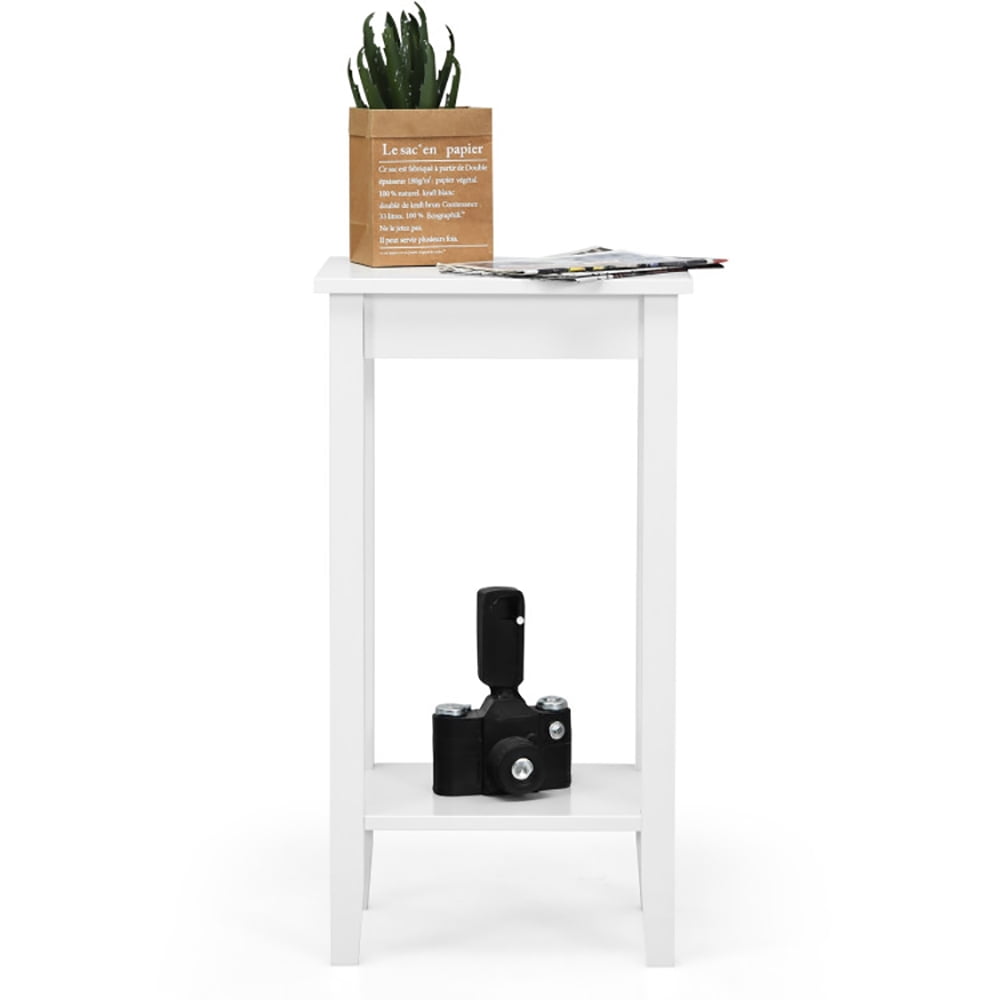 Finihen End Side Table, Bed and Sofa Side Table, 2-Tier Nightstand End Side Wooden Legs Table, for Living Room, Bedroom, White