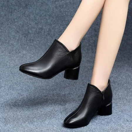 

uikmnh Women Shoes Fashion Women Solid Color Autumn Square Heels Zipper Short Booties Round Toe Shoes Black 7.5