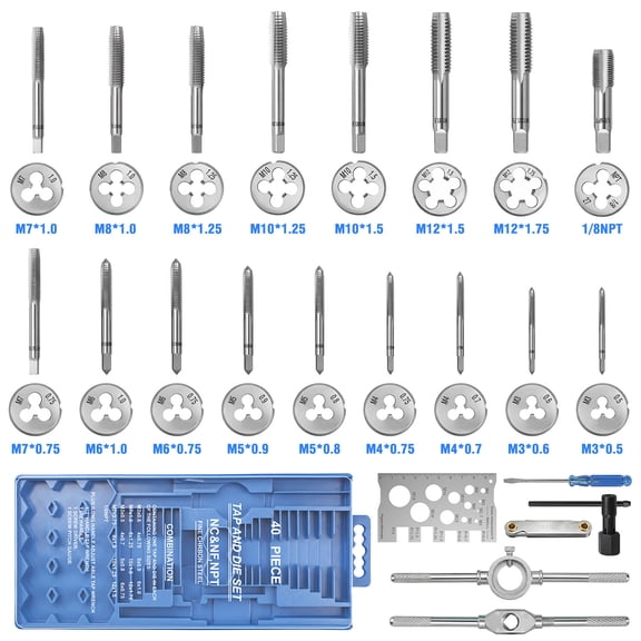 40PCS Metric Hand Tap And Die Set- M3-M12 Thread Plug Straight Taper Reamer Tool,Metal Threading,Thread Cutting Tools, for Internal and External Threading,Household Essentials.