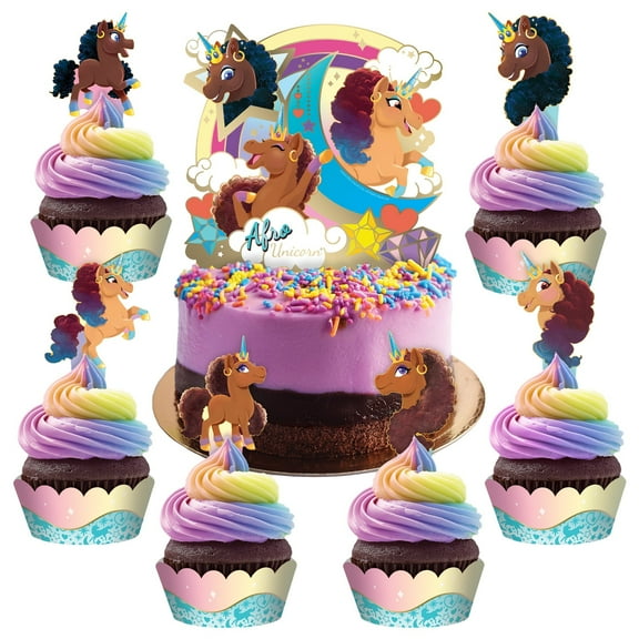 Afro Unicorn Cake Topper & Afro Unicorn Cupcake Toppers Kit