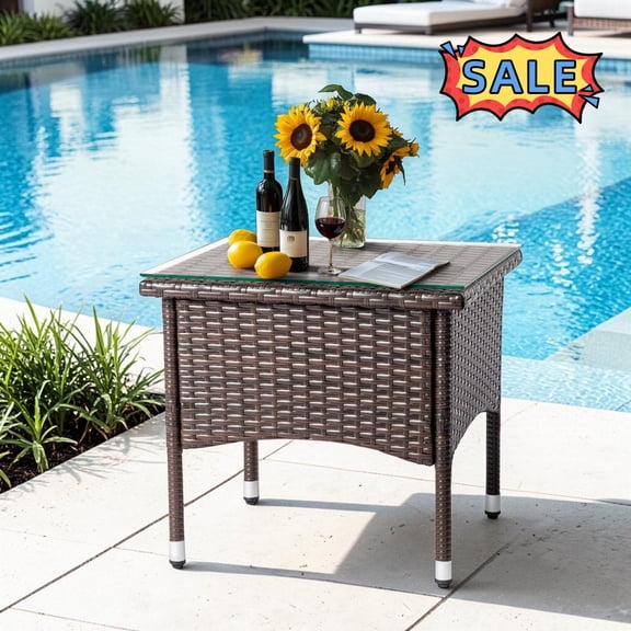 Tcbosik 20 inch Outdoor Wicker Table with Glass Top, Rattan End Table, Side Table for Balcony, Backyard, Garden, Patio, Brown