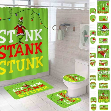 Corashan Grinch Shower Curtain Set, 4PC How The Grinch Stole Christmas Shower Curtain and Mat Set, Washable Durable Bathroom Decorations 4PC, A Best Christmas Gift