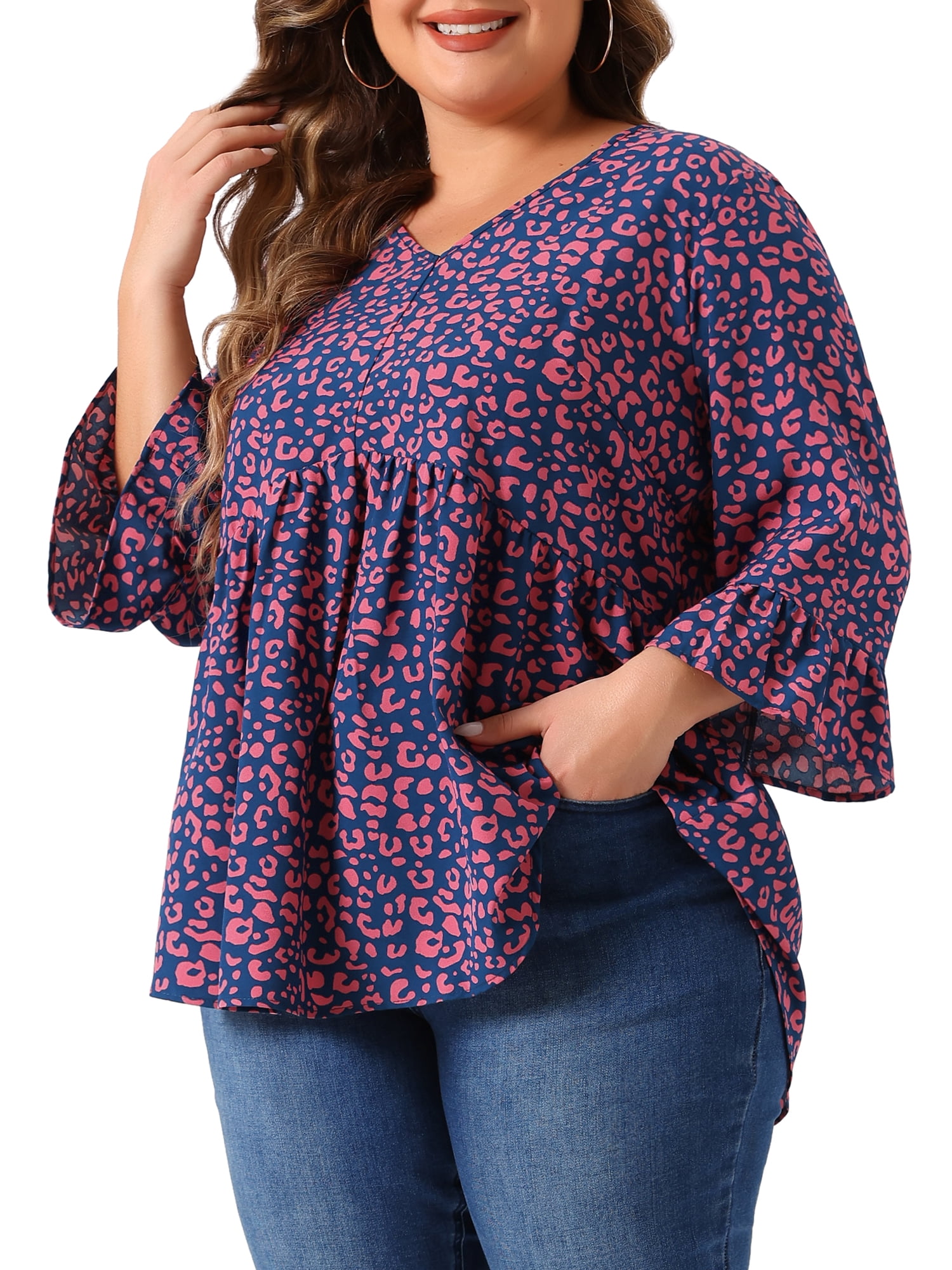 DARING DIVA Women's Plus V Neck Ruffle Sleeve Polka Dots Babydoll Top 4X Dark Blue