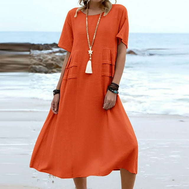 Meichang Robes Midi pour Femmes Coupe Ample Manches Courtes Coton Lin Robes Unies Décontractées Col Rond Robes Tuniques en Ligne