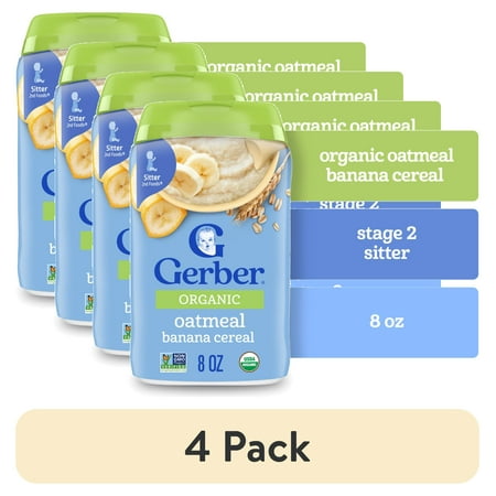 (4 pack) Gerber 2nd Foods Organic for Baby Grain & Grow Oatmeal Baby Cereal, Banana, 8 oz Canister