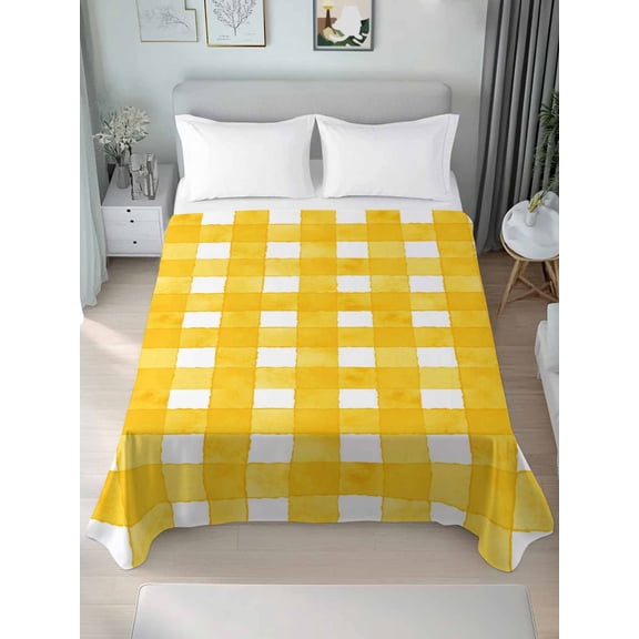Yellow Plaid Twim Size Flat Sheet, Wrinkleproof & Fadeproof Cooling Flat Bed Sheet Only, Watercolor Grid Checker Gingham Farmhouse Breathable Soft Bedding Top Sheets 66 x 96 Inches