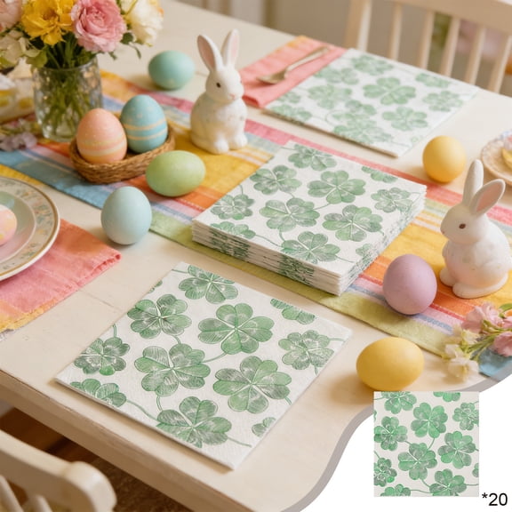 20 Tissues Easter-themed Napkins with Spring Four-leaf Clovers Patterns - Charming Design, Eco-Friendly & Safe, Perfect Size for Versatile Use, 20 Napkins Per Pack, Ideal for Holiday Gifts
