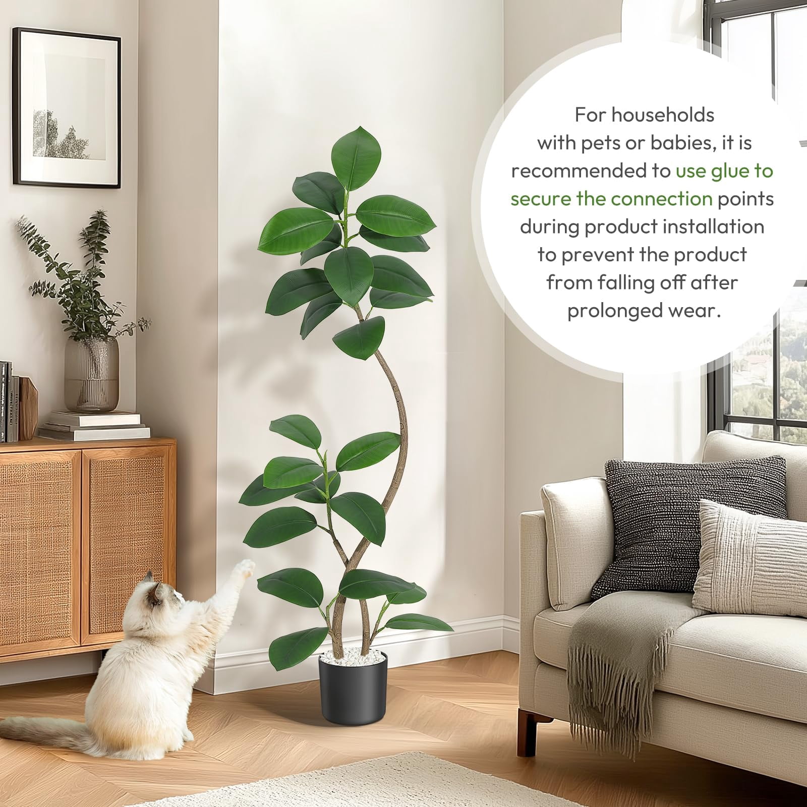 BouPower 5FT/6FT/7FT Artificial Plants Rubber Tree with Black Resin Pot& White Stone Faux Fiddle Leaf Fig Tree Indoor Artificial Trees Tall Plant Fake Tree Tropical Large Floor Tree Real Touch