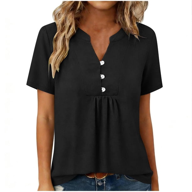 Tops de Manga Corta para las Mujeres Loose Fit V Cuello Botón Blusa Casual Ligero Verano