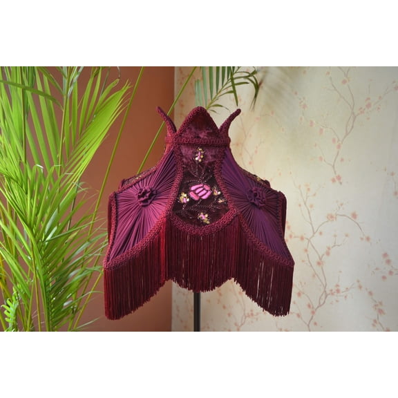 BespokeByNikita Victorian Lotus Burgundy Fringe Glass Lamp Shade