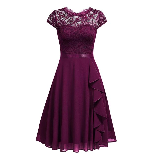 Robes Maxi pour Femmes 2023 Décontractées Vintage en Dentelle Florale en Chiffon à Volants Manches Courtes Col Rond Longueur Genou Robe de Cocktail Robe de Soirée Élégante en Liquidation
