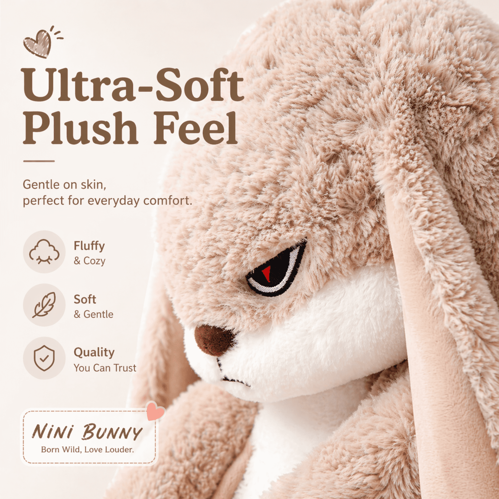 Nini Bunny Grumpy Plush Toy, Soft Stuffed Animal Rabbit, Cute Plush Pillow Gift