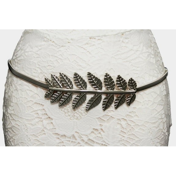 Women Fashion Silver Belt Hip High Waist Elastic Metal Wide Leaf Buckle