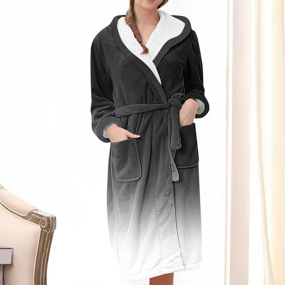 uublik Women Robes Flannel Robes Casual Long Sleeves Robes Winter Woman Bathrobe Nightwear Black