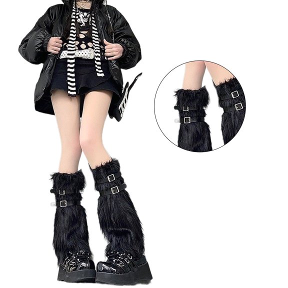 Fuzzy Faux Furs Leg Warmers Furs Long Boots Cuffs Cover Belt Buckle Pair Carnivals Boot Cover JK Uniform