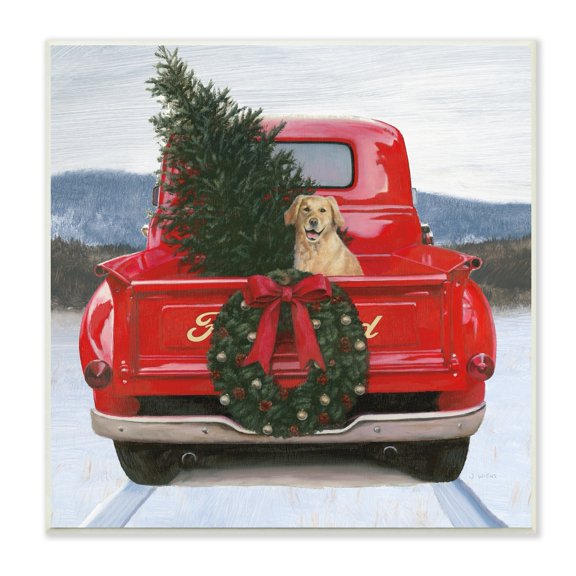 Christmas Tree & Dog Red Truck Driving Snowy Scene Botanical & Floral Painting Unframed Art Print Wall Art