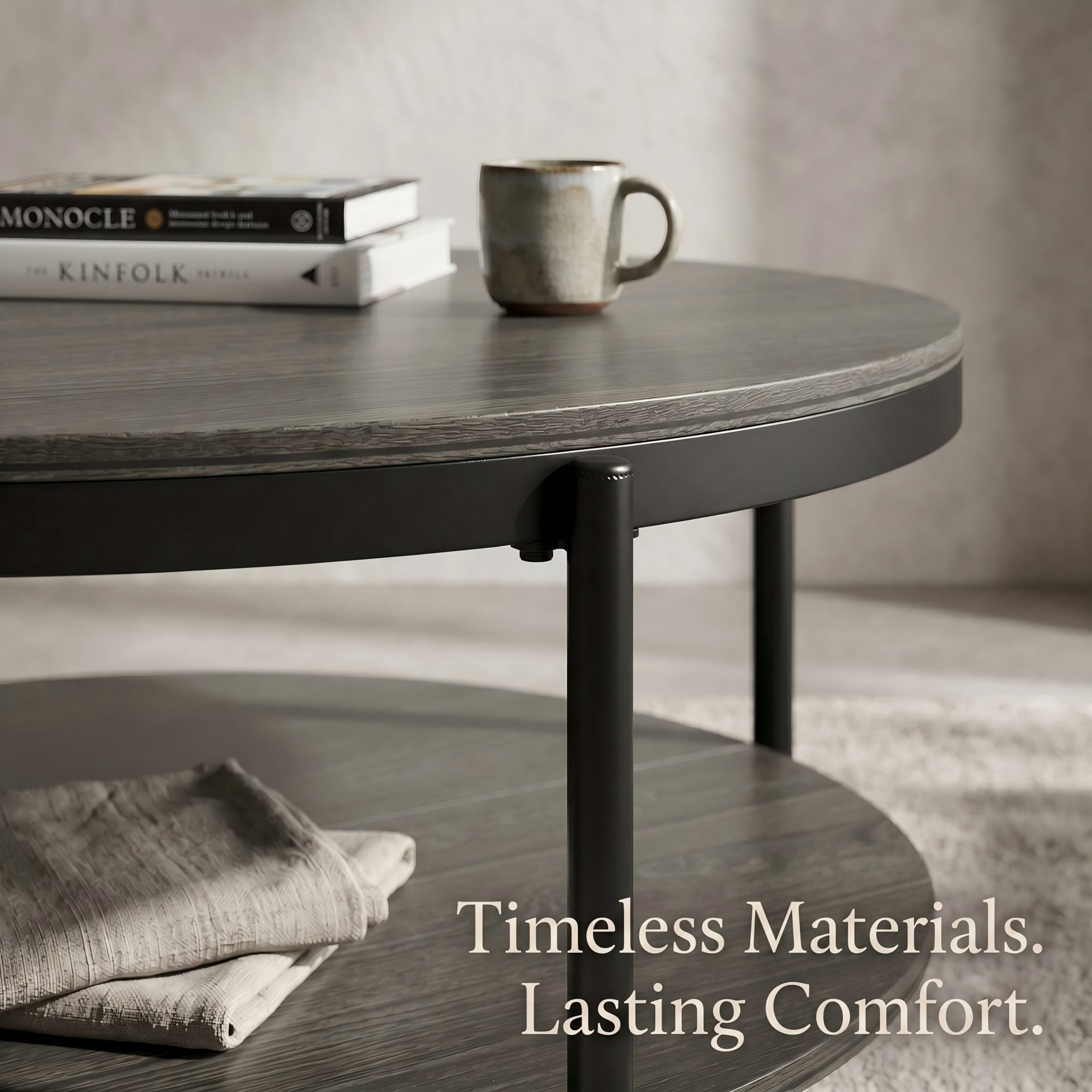 Manxile Round Coffee Tables for Living Room, 2 Tier Wooden Center Table with Storage Shelf for Home Office, Charcoal Gray