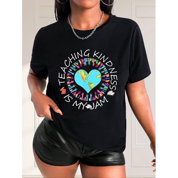 Camiseta informal de manga corta con cuello redondo y estampado de libro y letras para mujer, color negro. Camiseta gráfica "Enseñando la Amabilidad" con Corazón y Tierra. Algodón transpirable. Lavabl