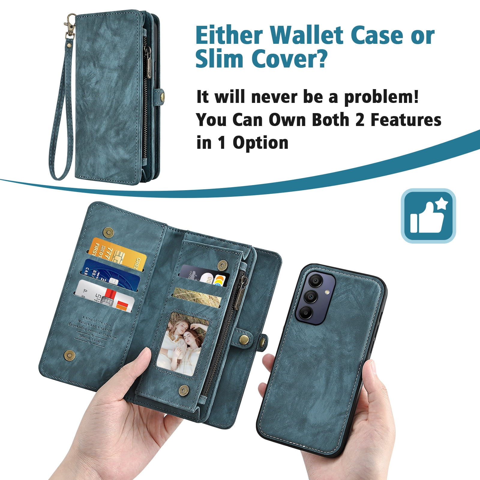 Asuwish Compatible with Samsung Galaxy A15 5G/4G Phone Case Zipper Wallet Detachable Tempered Glass Screen Protector Crossbody Lanyard Strap Flip Card Holder Cell Cover for A 15 G5 15A Women Men Blue