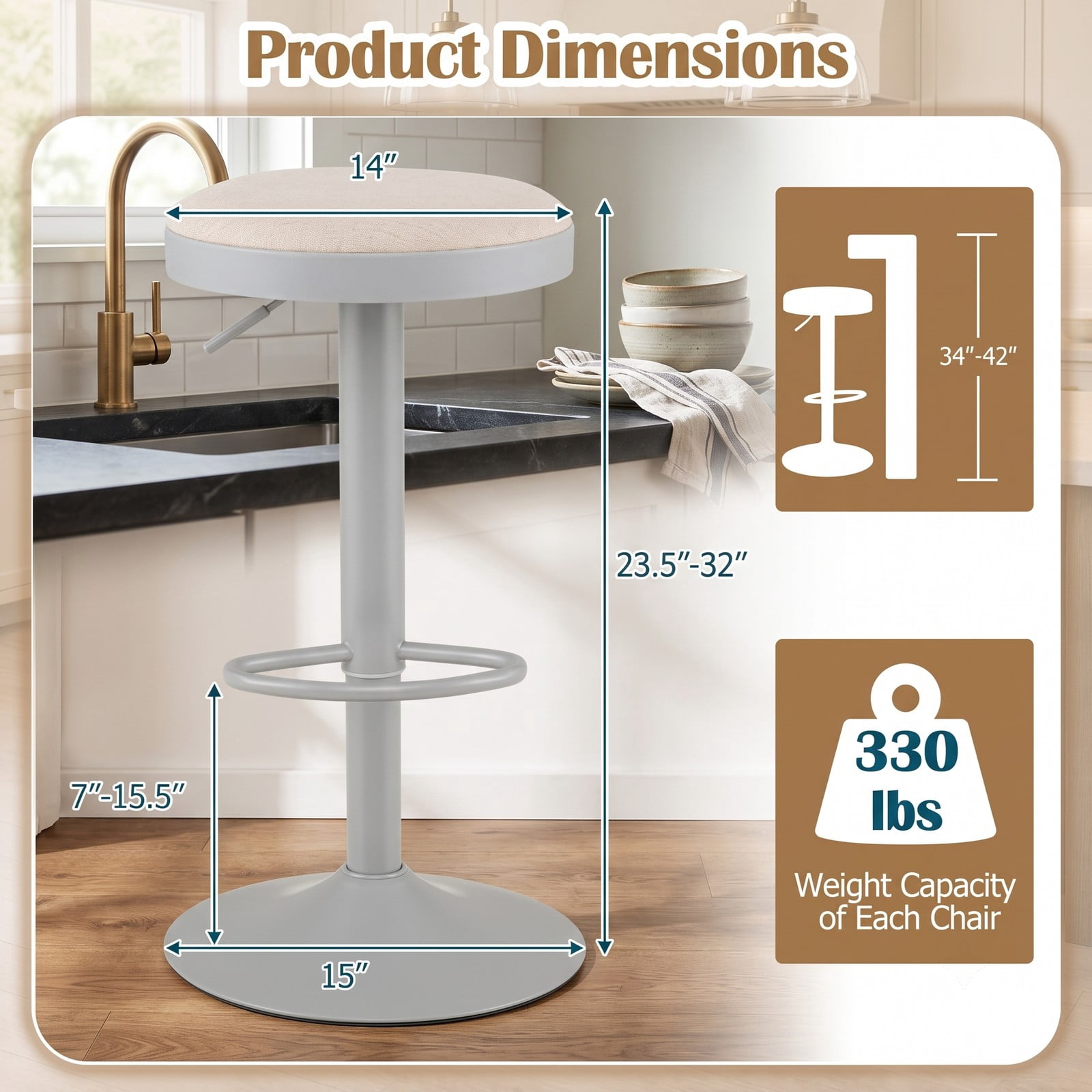 Furnibear Set of 2 Counter Height Bar Stools, Adjustable 360 Swivel Stools with Padded Breathable Seat, D-Shaped Footrest for Kitchen Island and Bar, 330 lb, Gray