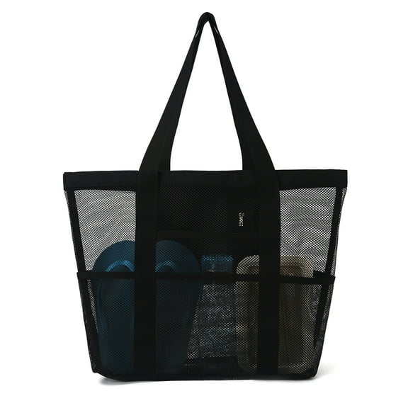 Suizaomo Large Mesh Beach Bag with 8 Pockets for Women & Men,Foldable Swimming Pool Travel Bags,Black