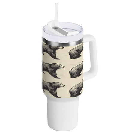 

40 Oz Car Handle Water Bottle 10.8x3.85 Inch Handle And Straw Travel Water Bottle Reusable Stainless Steel Water Bottle Gray Bear Seamless