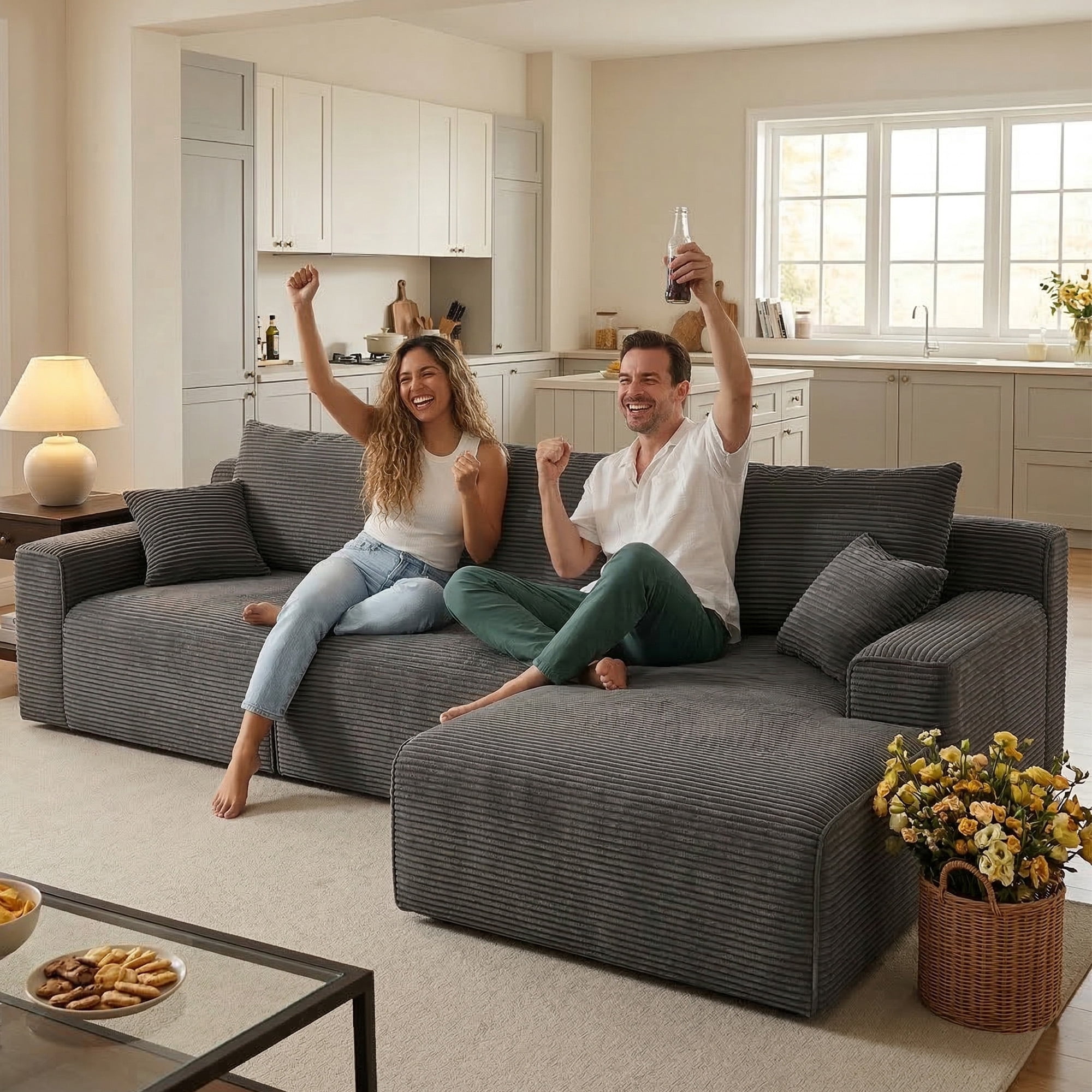 EnHomee Modular L-Shaped Couch for Livingroom Convertible Cloud Sofa  Boneless Sectional  Couch for Home, Grey(Corduroy)
