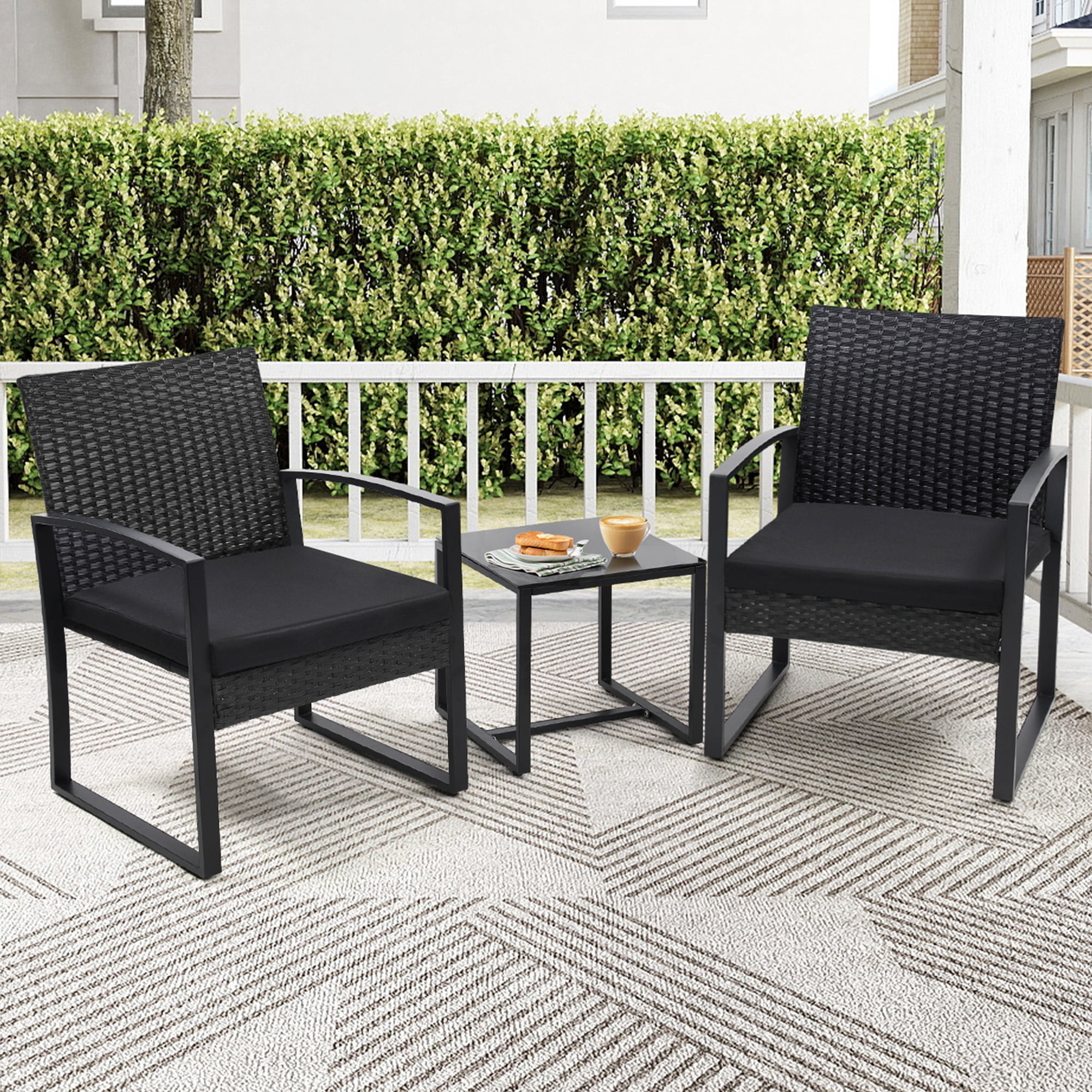 LOGYAT 3 Piece Wicker Patio Bistro Set, All-Weather Rattan Conversation Set with Glass Top Coffee Table, Perfect for Balcony, Porch, Poolside, Black Frame with Black Cushion