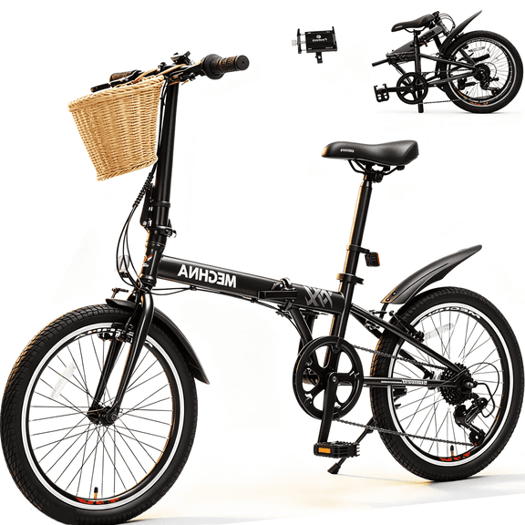 POVANLI 20" Folding Bike with Basket for Adults,6 Speed Steel Frame City Commuter Bike,Dual V-Brake Portable Compact Bicycle for Men/Women