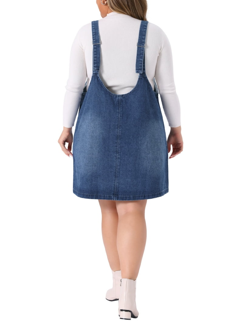 Agnes Orinda Women's Plus Size Denim Overall Dress V Neck Sleeveless Casual Jean Jumper Dress with Pockets 4X Dark Blue